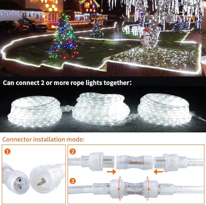 40ft LED Rope Lights, Dimmable 432 LEDs IP65 Waterproof Outdoor Indoor Linkable Cuttable Rope Light, 110V 6000K Daylight White Christmas Rope Light for Patio Garden Corridor Party Decor