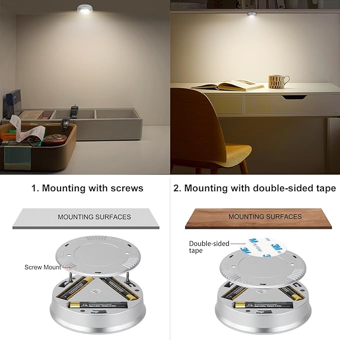 Wireless LED Puck Lights, Touch Activated Tap Ligh Push Light, Battery Operated Stick On Lights for Under Cabinet, Kitchen, Closet & Counters, 3-Pack, Silver (Included 3AAA Batteries)