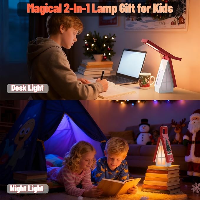 Bedside Table Lamp for Kids, Rechargeable Small Cordless Table Lamp, 3 Color Modes, Dimmble Nightstand Lamp Touch Control, Foldable Desk Lamp for Bedroom, Christmas Nightlight for Work, Study, Reading