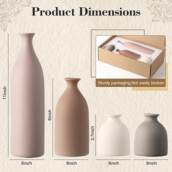 Dandat Beige Ceramic Vase Set of 4, Modern Decorative Ceramic Vases Rustic Pottery Centerpiece Table Decor for Farmhouse Bouquet Pampas Grass Dried Fresh Flowers, Living Room, Kitchen, Bedroom
