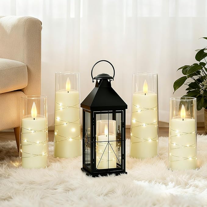 Raycare Flameless Candle with Remote Timer, 7 Flickering Acrylic Battery Operated LED Pillar Candles with Embedded Star String for Valentine's Day, Home Decor, and as a Gift(Ivory)