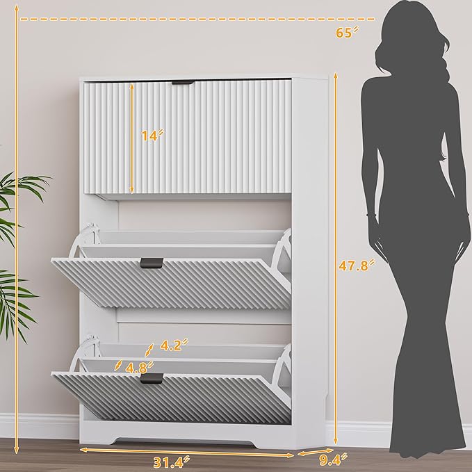 Entryway Shoe Cabinet with 3 Flip Drawers, Narrow Shoe Organizer Cabinet with Fluted Panel and Adjustable Shelves for Foyer, Hallway