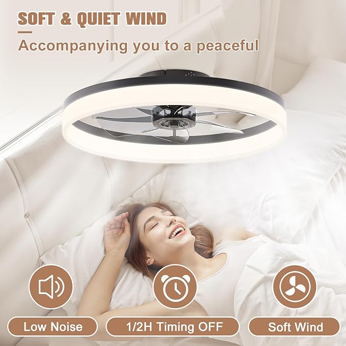 VOLISUN Low Profile Ceiling Fan with Light and Remote, 23.6in Flush Mount, Dimmable LED Fan Light, Bladeless for Bedroom (Black)