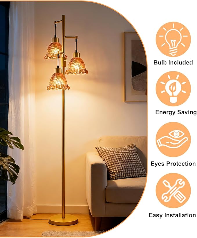 Glass Floor Lamps for Living Room, 3-Light Gold Dimmable Floor Lamp with Rose Red Glass Shade& Bulbs Included, Mid Century Standing Tall Lamp for Bedroom/Sofa Beside/Corner Decor