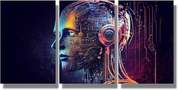 LSIUHWUWI Modern Wall Art 3 Panel Wall Art Humanoid Head with Blue and Yellow Eyes Pictures Print On Canvas Wall Decor for Living Room, Wooden Framed Ready to Hang 12x16inchx3