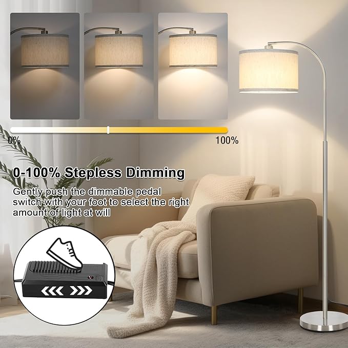 Boncoo Arc Floor Lamp, Dimmable Floor Lamp for Living Room, Standing Lamp with Adjustable Drum Shade, Tall Pole Lamp for Bedroom Study Room Office, 9W 3000K LED Bulb Included