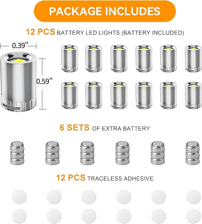 12 Pack Mini LED Lights, Cold White Small LED Light, Mini Spotlights for Displays, Wireless Small Spotlight Battery Powered, Dollhouse Light, Miniature Lights for Crafts, Party, Wedding