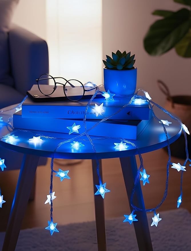 Star String Lights Plug in,33ft 100LED Fairy Lights with Remote, Hanging Star Decorations Lights Waterproof for Indoor Outdoor Bedroom Classroom Dorm Kids Tent Party Decor,Blue White