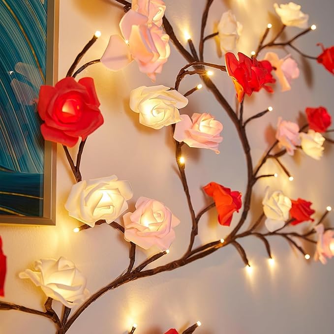 Rose LED Tree Branch Lights for Wall, Rose Flower Willow Vine Twig Decor Garland with 48 LED Lights and Remote,8 Lighting Modes,Christmas Decorations Indoor for Home Wall Door Window (47inch)