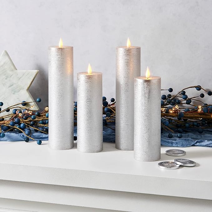 LampLust Flickering Flameless Candles, Set of 4 Silver Pillar Candles, Battery Operated, Romantic Candles, Great for Proposal Decorations, Wedding Centerpieces, Enchanted Forest Decorations