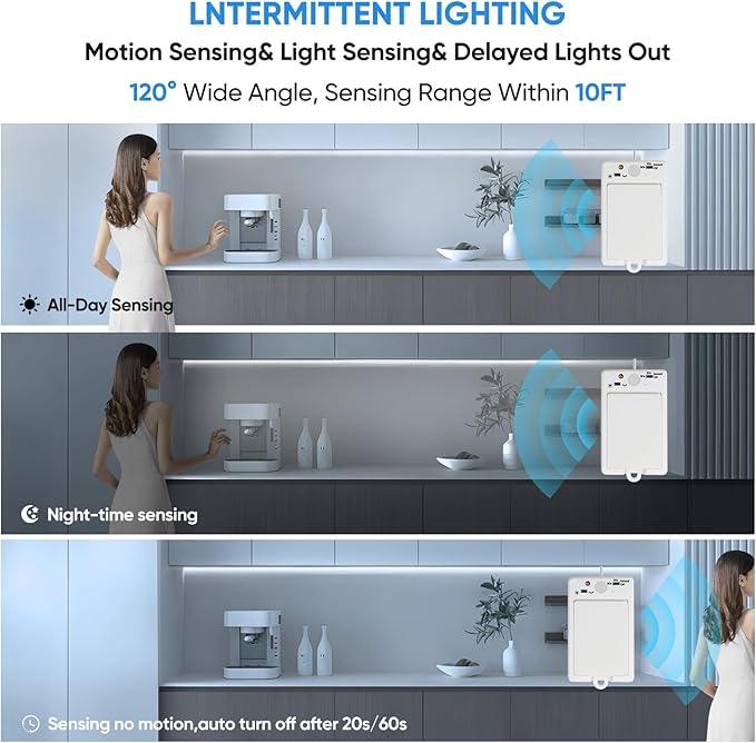 OMIKA COB Motion Sensor LED Strip Light, 6.56ft 640LEDs Closet Lights, Rechargeable Battery Operated Stair Strip Lights for Bed, Pantry, Shelves, Cabinet, Locker, 6000K Cool White, 2 Pack