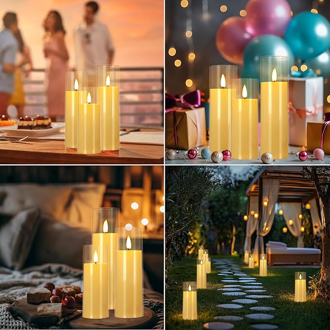 Flickering Flameless Candles Battery Operated with Remote and 2/4/6/8 H Timer Plexiglass LED Pillar Candles with Realistic Moving Wick for Home Decor Pack of 48 (D2.2 xH 5" 6" 7") (Ivory)