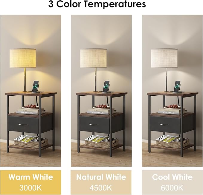 Fixwal Nightstand with Lights Bedside Table with 3 Color Temperatures Bulb, Night Stand with Charging Station End Table with Adjustable Fabric Drawer for Bedroom Dorm