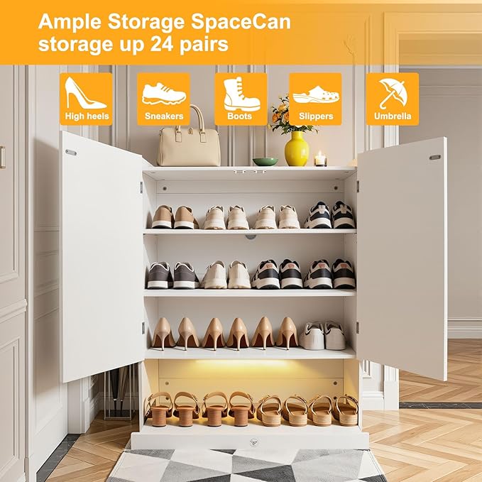 Shoe Cabinet with LED Light, 4-Tier Shoe Storage Cabinet with 2 Adjustable Shelves, Large Shoe Storage with Fluted Panel Modern Shoe Rack for Entryway, Bottom Pop-Up Shoe Rack, White