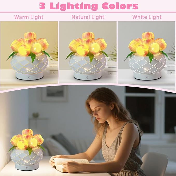 Tulip Flower Lamps, 3 Colors Dimmable Touch Lamp with Vase, USB Rechargeable LED Flower Lamp, Artificial Flower Bedside Lamp, Romantic Night Light with Tulip, Gifts for Mother Wife Girls (Pink Tulip)