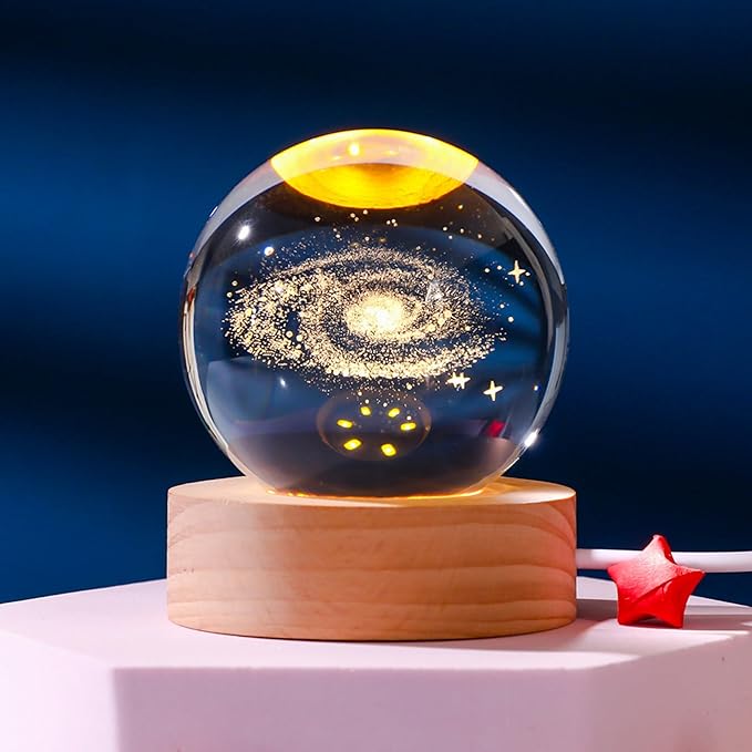 Happyhaves Calming Stellar Spheres Crystal Ball Night Light with Wooden Base, 3D Moon and Galaxy Light, Planet Sphere Calming Light for Bedroom Decor and Astronomy Gifts(Galaxy)