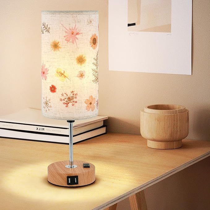 Flower Touch Table Lamp,3-Way Dimmable Bedside Lamps with USB Port and Outlet,Cute Lamp with Wood Grain Base,Vintage Lamp for Bedroom,Dormitory,Room Decor,flower2