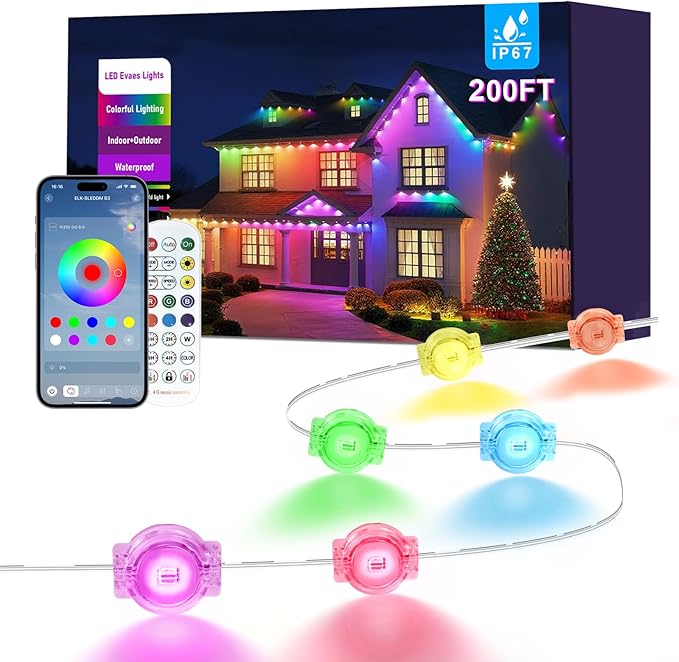 200FT Permanent Outdoor Lights for House, 2025 Smart RGB LED Outside Eaves Lights with APP Remote Control, IP67 Waterproof Outdoor Lighting Decor for Christmas Holiday, Halloween, Roof, Party, Daily