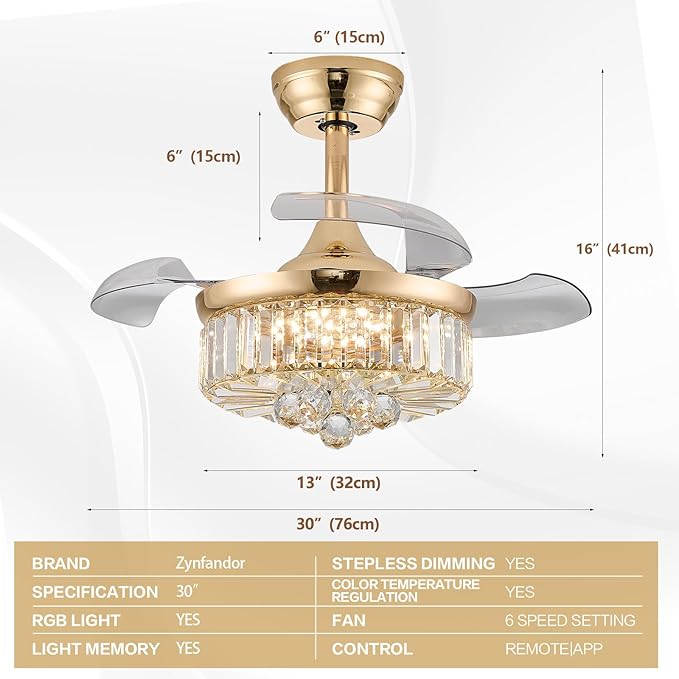 30" Retractable Crystal Ceiling Fan with Light, RGB Modern Fandelier 6 Speeds Reversible Blades Dimmable Chandelier Ceiling Fan with Remote App Control Memory Timer Gold