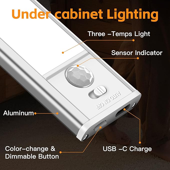 11.82inch Under Cabinet Lighting,2000mAh with Motion Sensor,54LED 3Color Temperature,Closet Lights Motion Sensored, USB-C Charging,Durable And easy-to-install Magnetic Cabinet Light,staircases,-4Pack