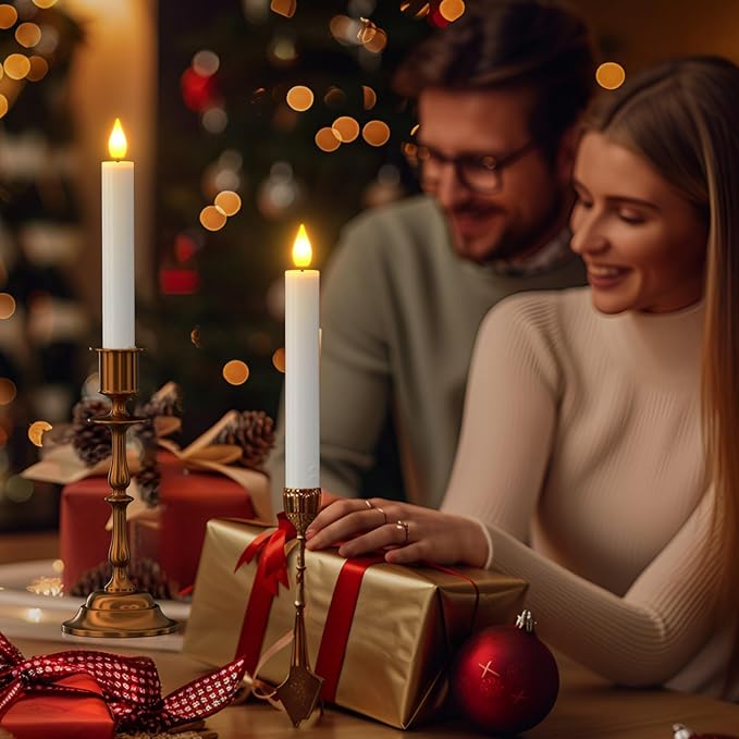 SoulBay 10pcs Flameless Rechargeable Taper Candles, Bright Realistic Flickering LED Electric Candlesticks with Charging Base and Remote Timer for Home Windowsill Christmas Decorations, 0.78" x 6.7"
