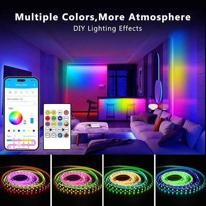 dalattin BGRIC Led Lights for Bedroom, 100ft 5050 LED Strip with DIY Multiple Colors, Work with Alexa&Google Assistant, Remote & App Control, Color Changing, Music Sync for Chrismas Holiday Decor