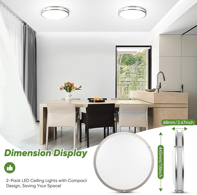 18inch 50W LED Flush Mount Ceiling Lights 5600lm Super Bright, Dimmable LED Ceiling Light Fixtures 2700K-6500K 5CCT Adjusted, 2-Pack Modern Light Fixtures Ceiling for Living Room Bedroom Kitchen