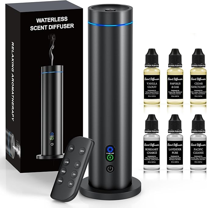 Waterless Diffuser, 1000 Sq.Ft Coverage, Essential Oil Diffuser– Plug-in Only, Remote Control, Adjustable Mist Mode, Mood Lights Aromatherapy Diffuser for Home, Large Room, Office, Hotel, Black