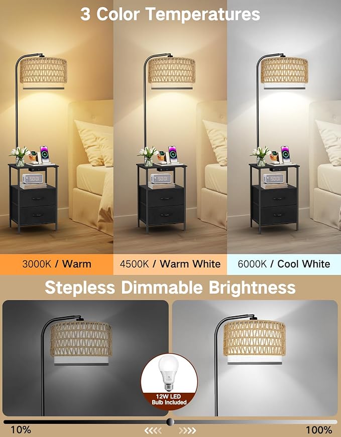 Floor Lamp with Table, 2 Drawers & Rattan, Side End Table with Charging Station, Dimmable Nightstand with 3 Color Temperature, 1-Hour Timer, 12W LED Bulb, for Living Room, Bedroom(Black)