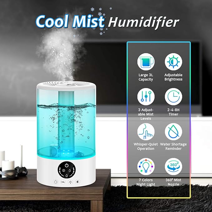 Cool Mist Humidifier, Ultrasonic Humidifiers for Bedroom Baby, 3L Large Humidifier w/Remote Control, 7 Colors Night Light 6 Dimmer Adjustable Mist Levels, Timer, Auto Shut-Off for Large Room, White