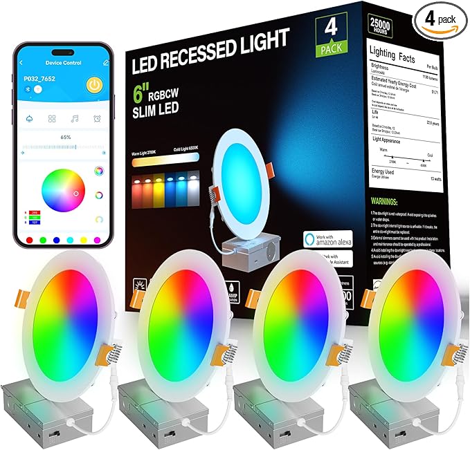 DAYBETTER Smart Recessed Lighting 6 Inch, Wi-Fi Connect RGBCW LED Downlight,Color Changing Tunable White (2700K-6500K), Ultra Thin Dimmable with Junction Box 4 Pack