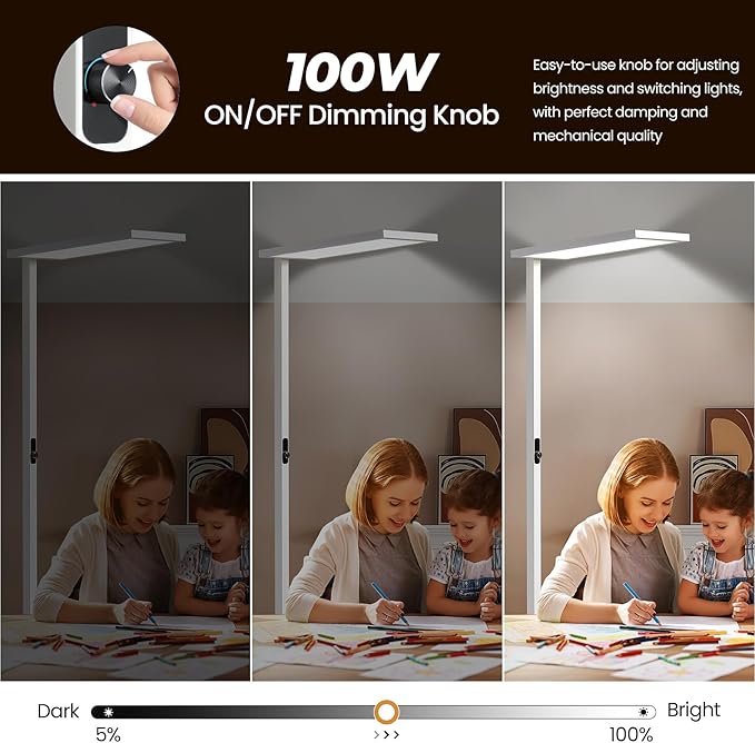 80" LED Floor Lamp Modern, 7500LM Dimmable Eye-Care Tall Reading Light, 100W Full Spectrum Dual Light Source Standing Piano Lamp 4000K Bright Lighting for Office, Home - White