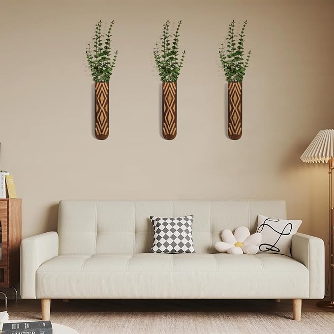 Wooden Wall Planter Set of 3 - Modern Bohemian Home Decor for Living Room, Bedroom, Bathroom - Versatile Walnut Finish Planter for Dried Flowers, Faux Greenery, and Indoor Plants