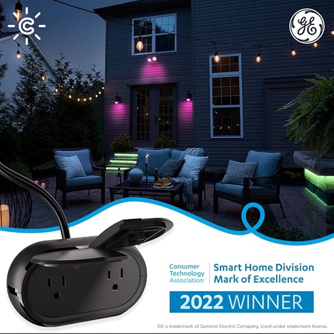 GE Cync Smart Plug, Outdoor Bluetooth and Wi-Fi Outlet Socket, Weather Resistant Plug, Works with Alexa and Google, Black (1 Pack)