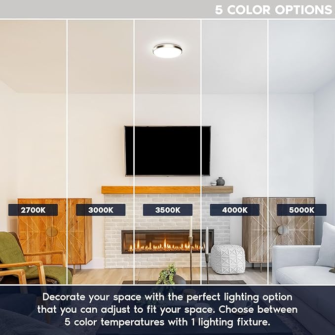 LUXRITE Motion Sensor LED Flush Mount Ceiling Light, 11 Inch, 5CCT Selectable 2700K 3000K 3500K 4000K 5000K, 60s Timeout, 16W, 1200LM, Brushed Nickel, Damp Rated, ETL Listed - Indoor and Outdoor