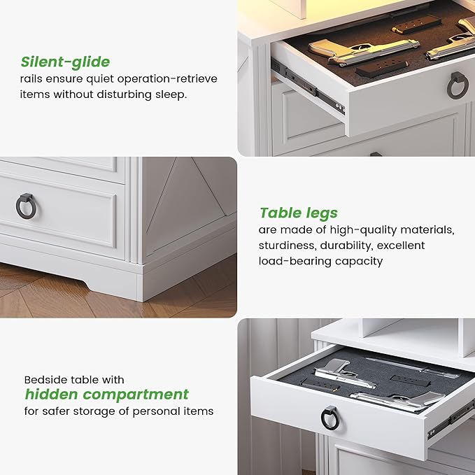 HNEBC Night Stand Set 2 with Gun Drawers, Farmhouse Nightstand with Charging Station, Secret Bedside tabel with 3 Color Auto Light, Smart End Table with Hidden Storage for Bedroom Furniture-White