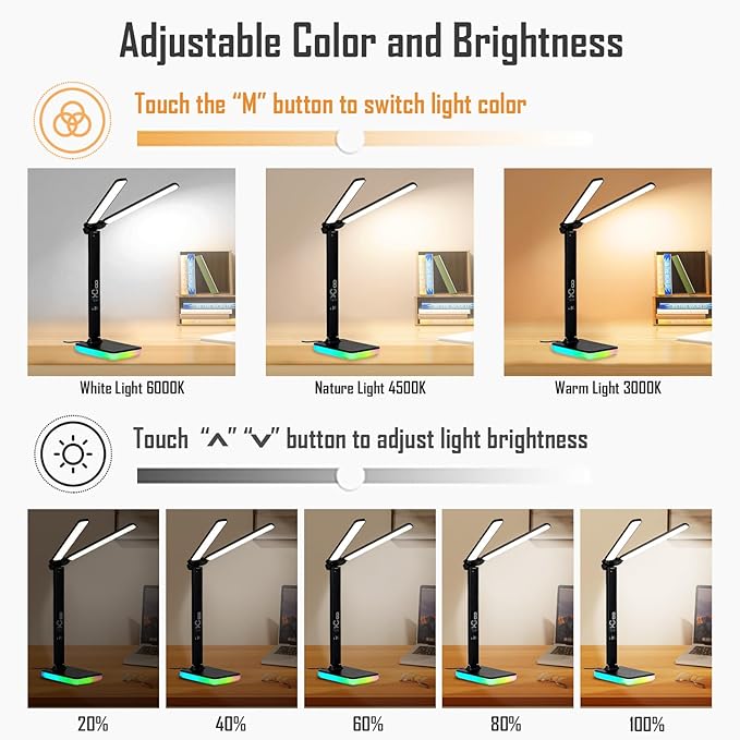 LED Desk Lamp with Wireless and Wired Charging, Foldable Table Light, 5 Brightness and 3 Lighting Modes, Time and Temperature Display, RGB Night Light, USB Powered (Double Head Black)