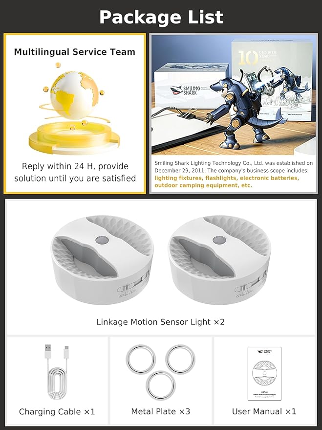Smiling Shark BR168 Linkage Motion Sensor Night Light LED Smart Linked PIR & Light Sensing, Rechargeable Magnetic Stick-On Connected Smart Warm Night Step Lights for Bedroom Hallway Stairs, 2 Pack