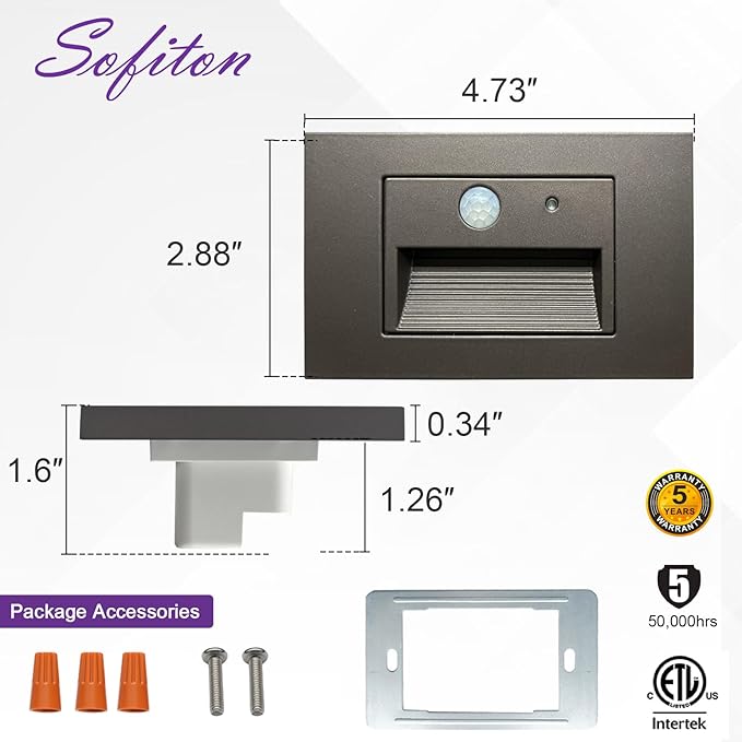 12-Pack Horizontal LED Step Lights, Motion Sensor & Dusk to Dawn, IP65 Waterproof, 3000K-5000K Adjustable, Anti-Glare Louvered, 3W 120V Stair Lights Indoor Outdoor, Bronze, ETL Certified