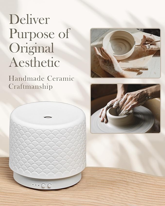 Essential Oil Diffuser -280ml Ceramic Diffuser for Large Room&Commercial Use, 2.4MHz Cool Mist Humidifier & Independent Decorative Light & Aromatherapy Diffuser, Pulse&Continuous Mist, Timer, Auto-Off