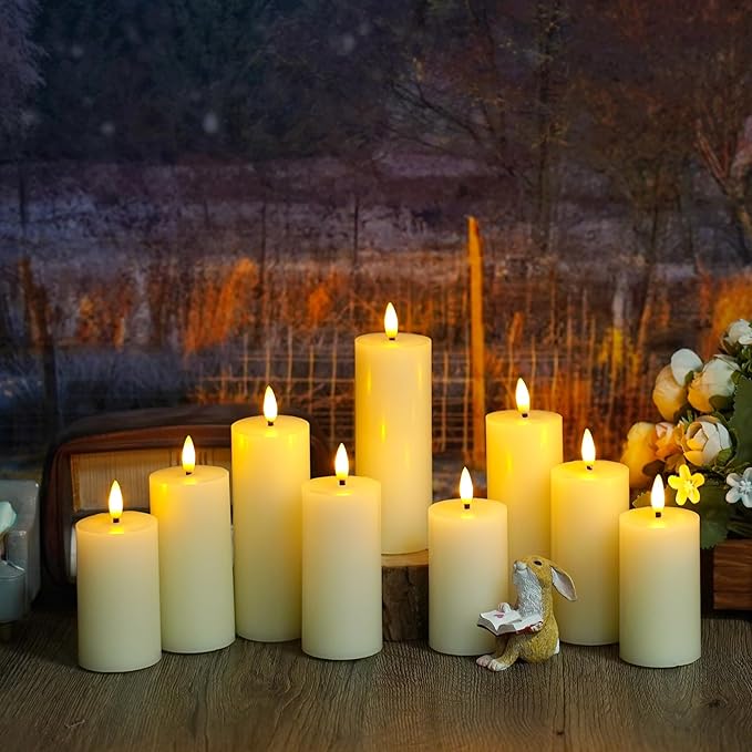 Flameless Candles Real Wax Realistic Pillar Candles, 9 Packs Battery Operated LED Candles with Remote Timer, Ideal for Halloween Home Decor Ivory（D 1.6"*H 4" 4.5" 5.5" ）