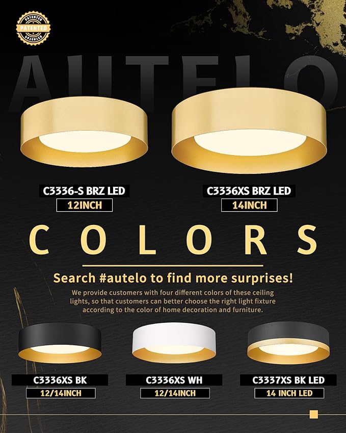 AUTELO 5CCT LED Ceiling Light, 12" Gold Flush Mount Ceiling Light with Frosted Glass in Gold Metal Finish for Bedroom, C3336-29 BRZ LED