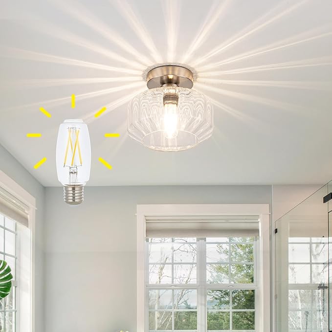 Tbaoinal Semi Flush Mount Ceiling Light with Diamond Glass Shade, 36-Faceted Panels Create Starburst Effect, 1200LM LED Bulb Included Brushed Nickel Ideal for Hallway Entryway Kitchen Bathroom