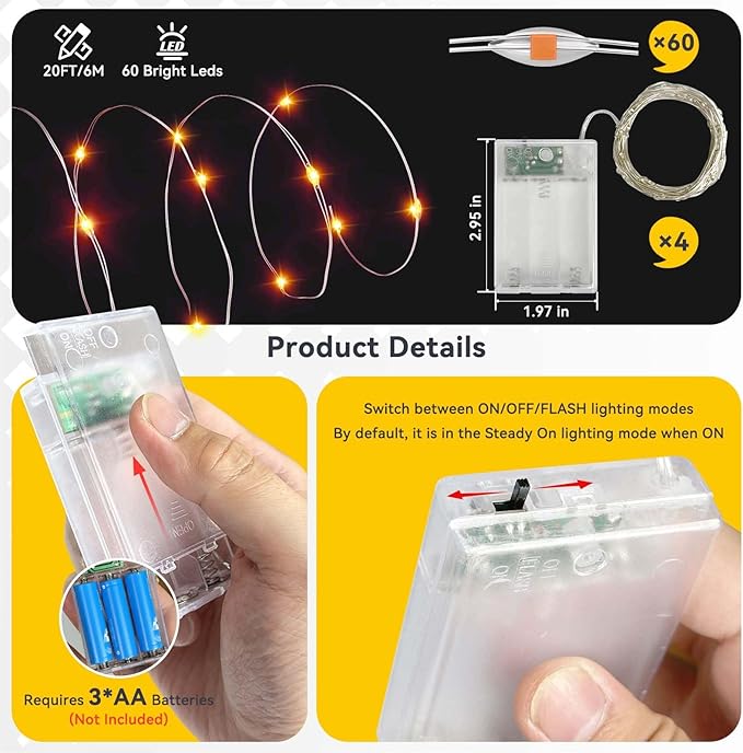 4 Pack 240LED Halloween Fairy Lights Battery Operated - 20FT Twinkle Lights with 2 Lighting Modes Indoor Outdoor, Waterproof Led Fairy String Lights for Christmas, Bedroom, Dorm, DIY Decor, Orange