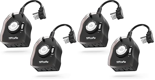 TiFFCOFiO Outdoor Timer Outlet for Lights, 24 Hour Mechanical, Outdoor Light Timer Waterproof, 2 Grounded Outlets for Home and Garden, 15A 1/2HP, Heavy Duty, CSA Listed (4 Pack)
