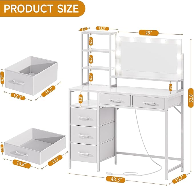 Vanity Desk with Mirror, 9 Lights, 3 Color Modes with Adjustable Brightness, 5 Spacious Fabric Drawers & Storage Shelves, Makeup Vanity with Power Outlets, Modern Vanity Table for Bedroom, White