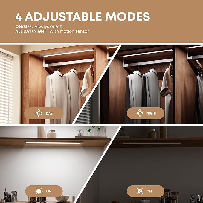 Under Cabinet Lighting Wireless, 2 Pack 8.3 inch 1500mAh 6500K Dimmable Motion Sensor Light Indoor, Rechargeable LED Under Counter Lights for Kitchen, Shelf, Stairs, Closet