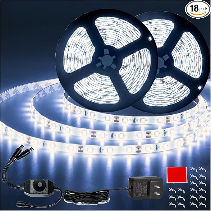 50ft White Led Strip Lights, 12V Outdoor Strip Lights Waterproof Flexible Led Light Strip Indoor Plug in Cuttable SMD2835 Dimmable Led Strip Light for Bedroom Cabinet Kitchen TV Hallway