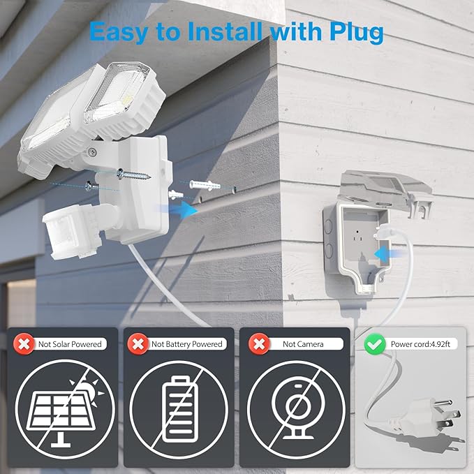 Olafus 70W Motion Sensor Outdoor Light Plug in, Motion Flood Light Dusk to Dawn, 7000LM LED Security Light IP65 Waterproof, Motion Activated 6500K PIR Sensor Lighting for Garage Yard Patio Eave, White