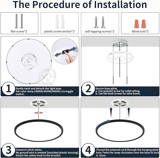 MOONSEA 16 Inch Flush Mount Ceiling Light Fixture 28W - LED Ceiling Kitchen Lights Fixtures 2800lm, 3000K/4500K/6000K Adjustable Light Fixture Ceiling Mount, Dimmable Thin Light for Bathroom,Black